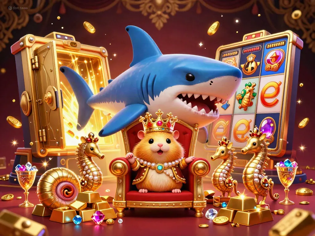 Experience Slot Demo with a captivating scene featuring a golden hamster king on a megalodon throne amidst treasures and slot game elements.