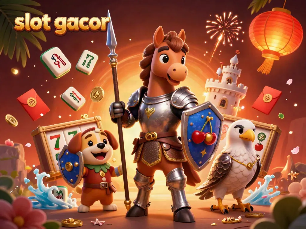 Experience slot gacor excitement with a brave knight, playful puppy, and a majestic falcon amidst vibrant casino elements.