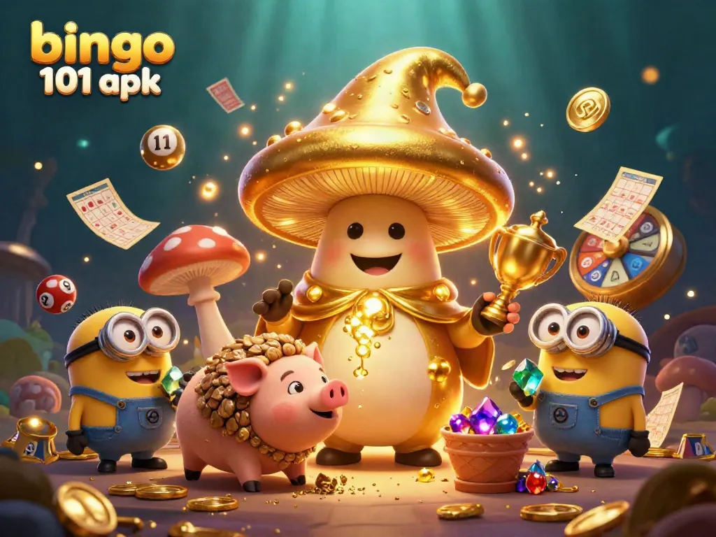Play exciting bingo games with Bingo 101 APK, featuring a magical scene with characters and bingo elements.