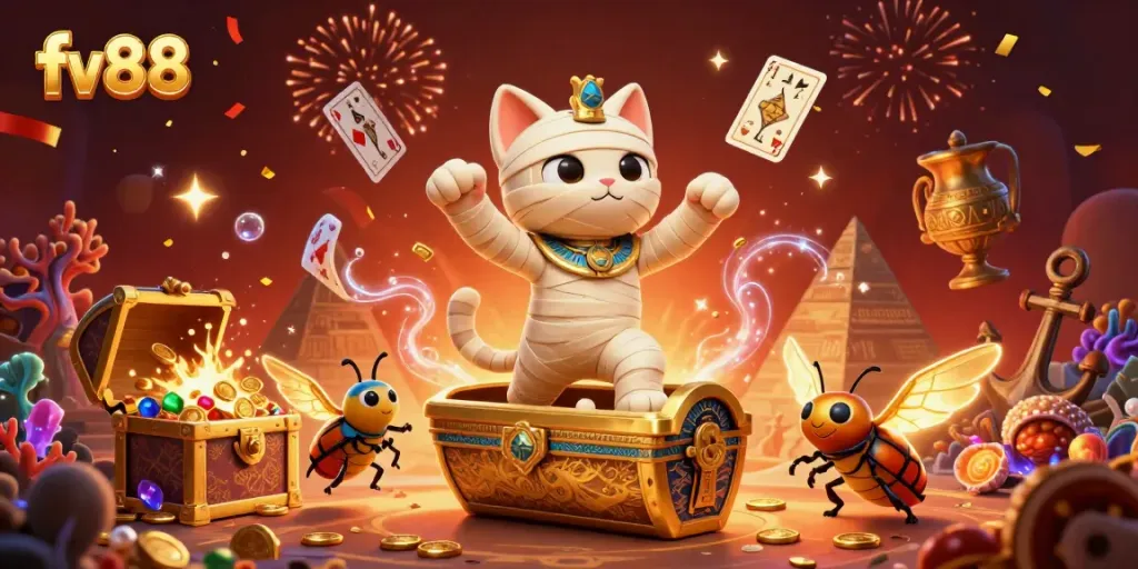 Experience the thrill with fv88's animated mummy cat and glowing scarab in a vibrant casino scene.