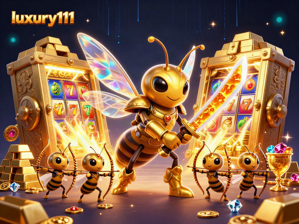 Experience luxury111 with a vibrant slot scene featuring golden characters amidst bursting treasures.