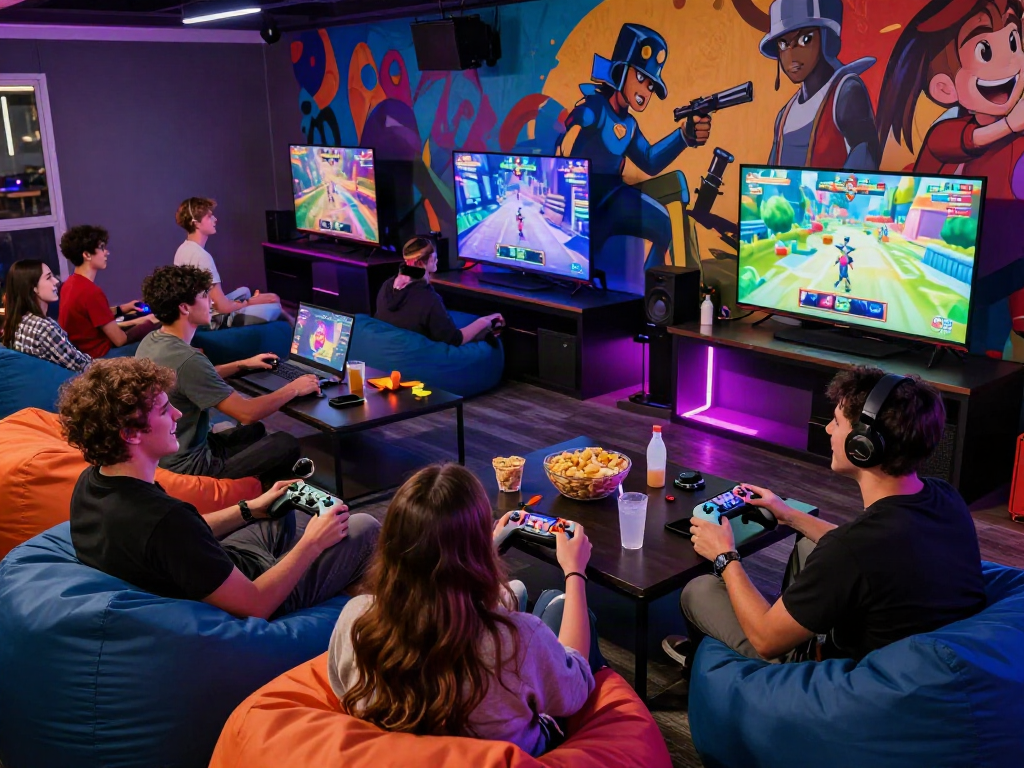 Friends enjoying porngames in a vibrant gaming lounge with snacks and LED lighting.