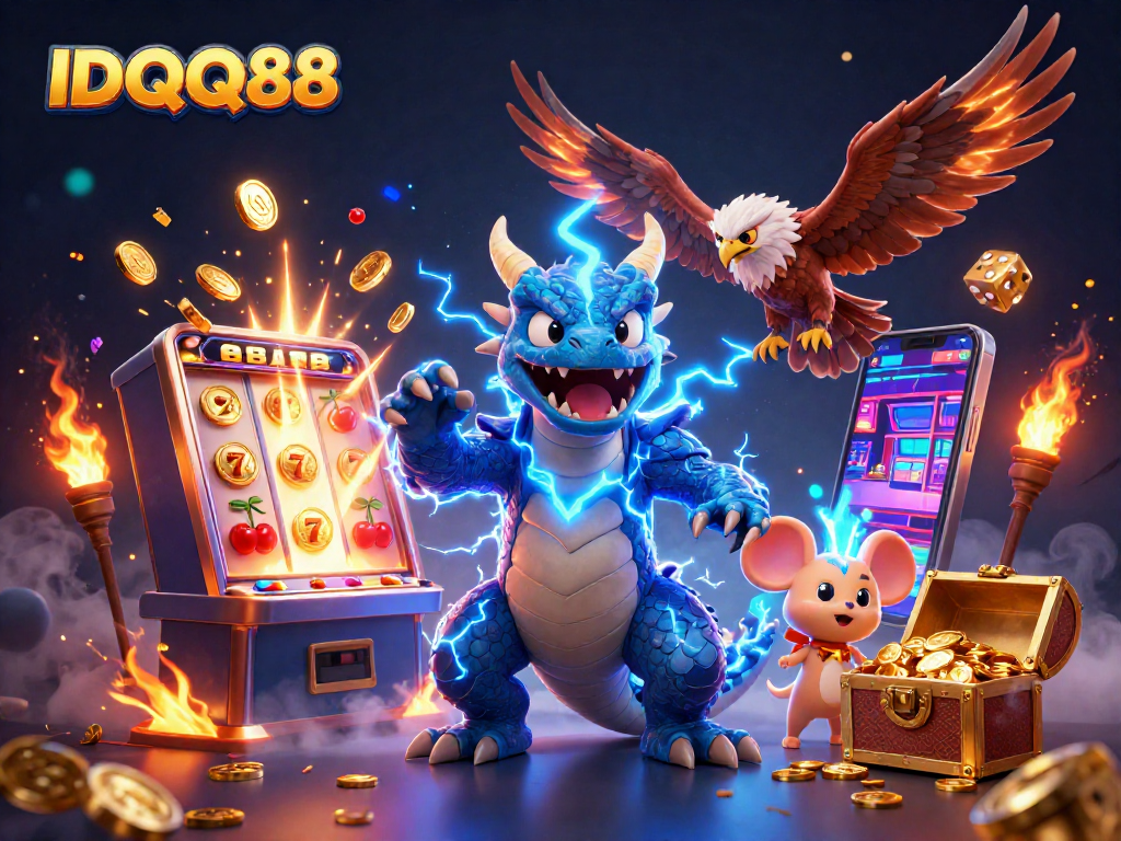 Experience thrilling wins with IDQQ88's vibrant casino games showcased in dynamic 3D illustration.