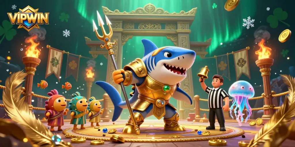 Engage with VIPWIN, a colorful 3D scene featuring a gladiator shark, vibrant fish spectators, and a jellyfish referee in a thrilling underwater gambling arena.