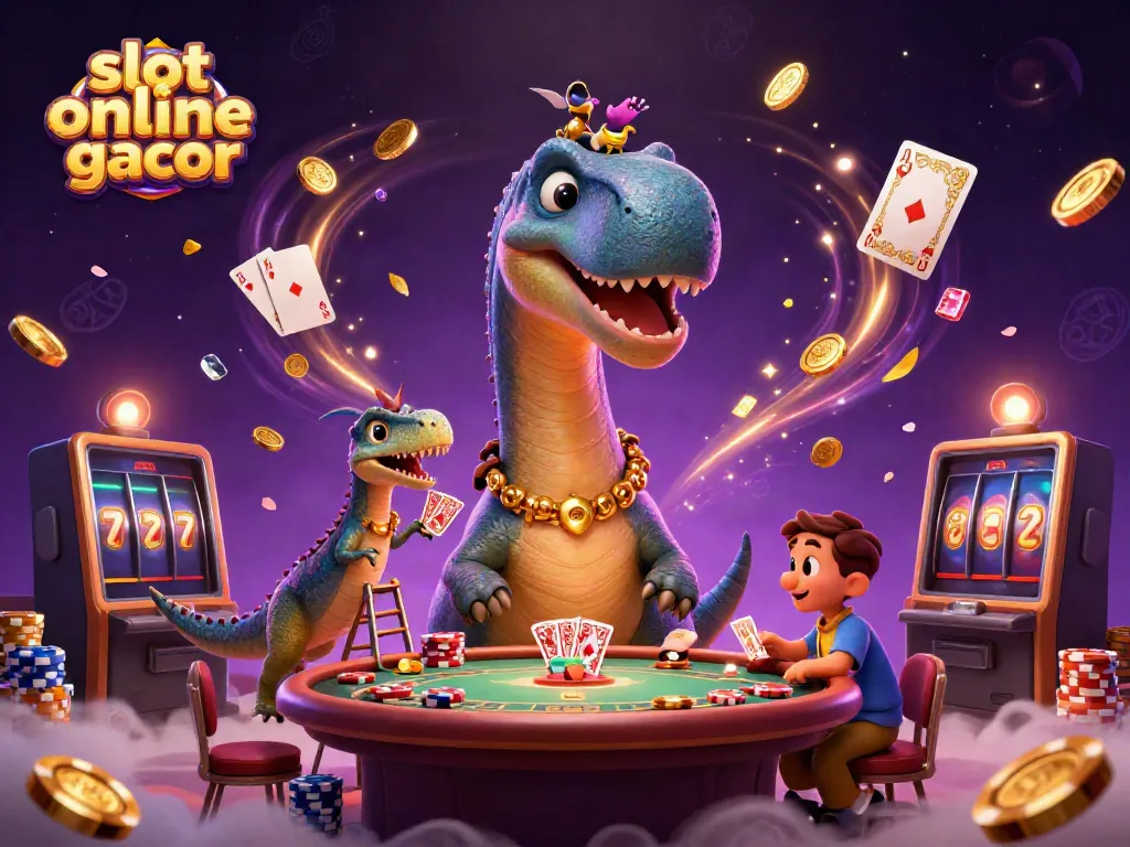 Experience thrilling gameplay with slot online gacor as a cartoon dinosaur towers over a vibrant casino.
