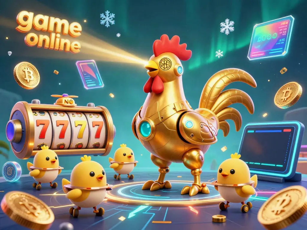 Engage in game online thrills with a golden rooster robot amidst vibrant slot elements.