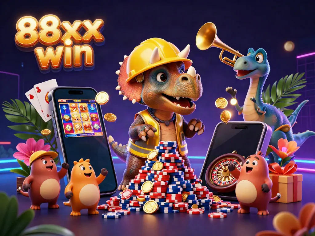 Experience the thrill of 88xx win with a vibrant casino scene filled with cheerful characters and exciting game elements.