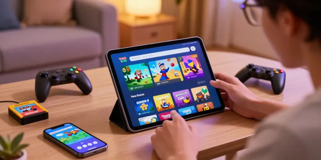 Excited user enjoying Yono Games app on tablet in cozy gaming space.