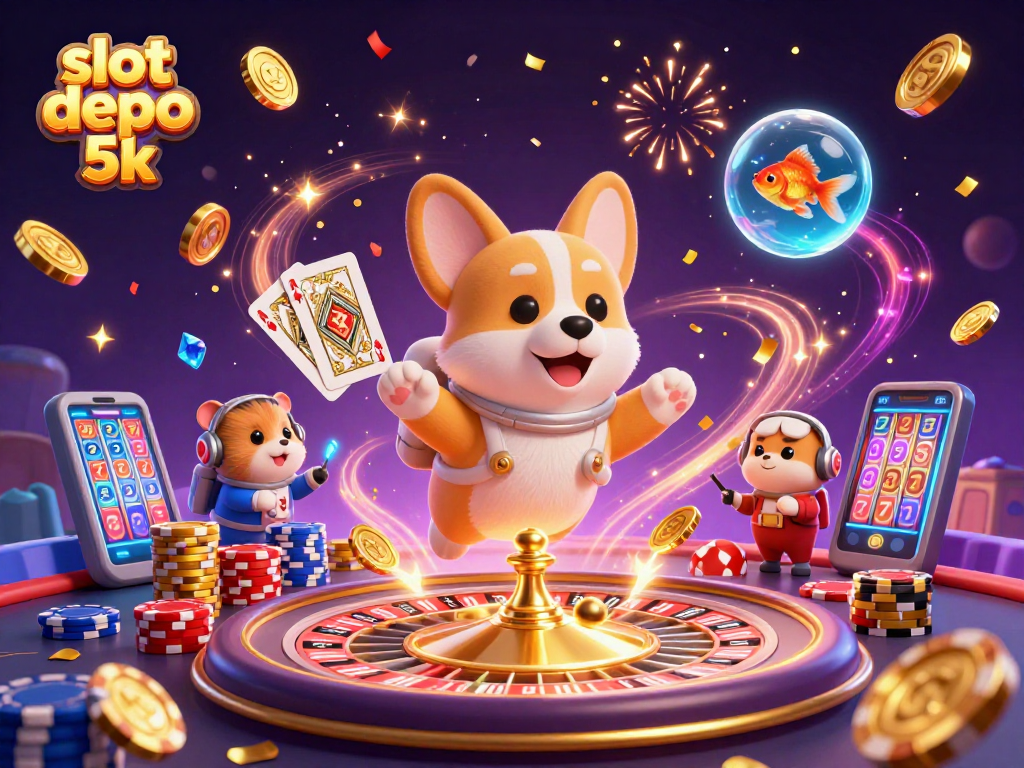 Experience excitement with slot depo 5k as golden coins cascade in a vibrant space casino scene.
