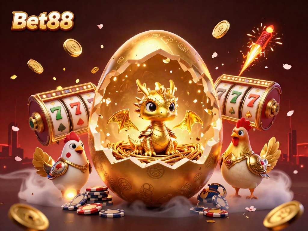 Engage with Bet88 through a vibrant illustration featuring a golden dragon and poker chips in a dynamic casino scene.