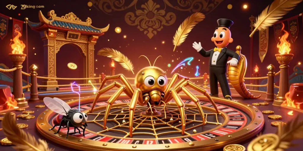 Engage with the thrilling atmosphere of 79king com through a dynamic casino-themed illustration featuring a whimsical spider and centipede croupier.