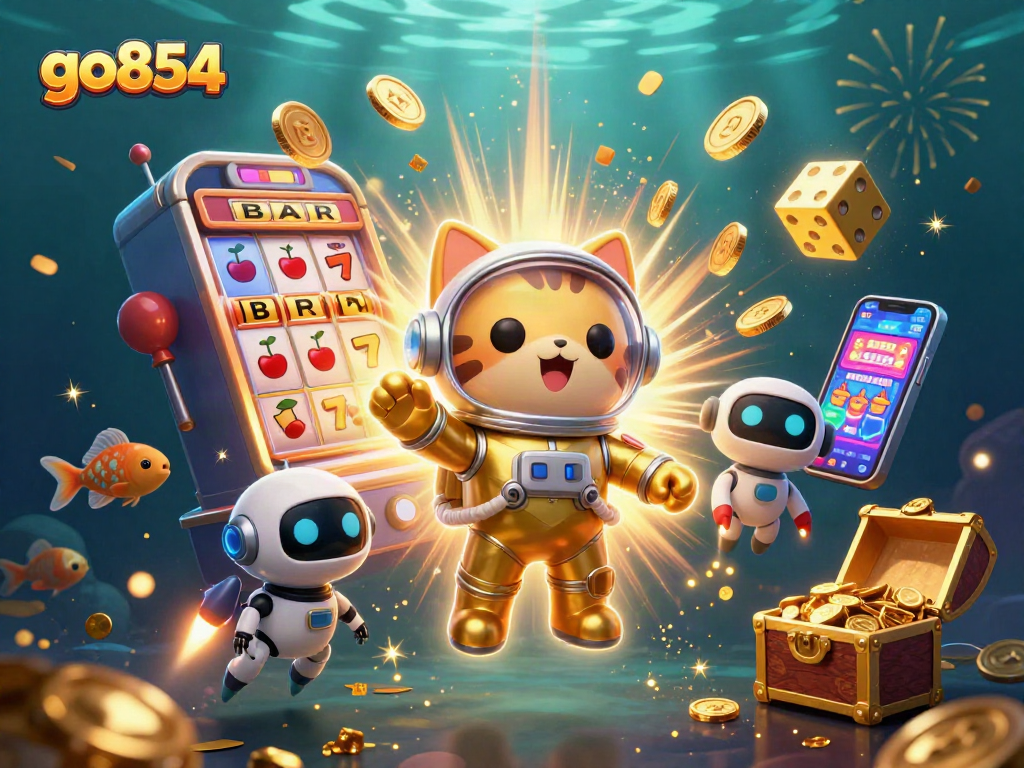 Engage with go854's thrilling slots experience in a colorful, dynamic gaming illustration.