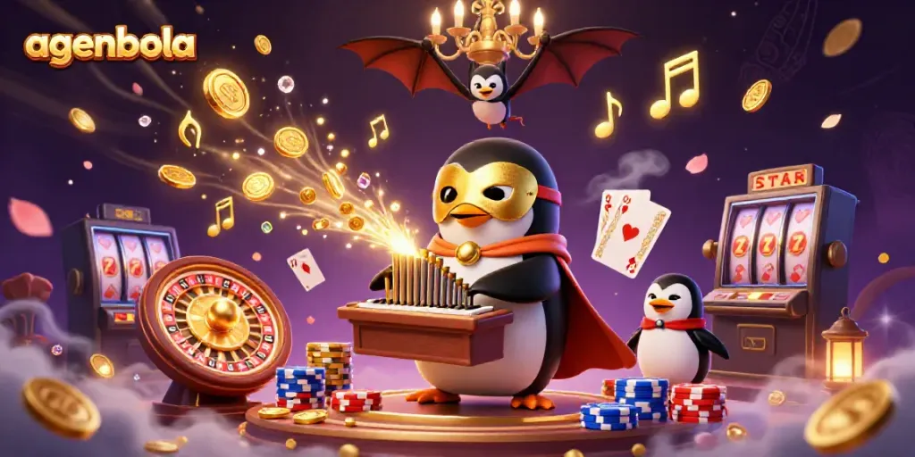 Engage in the exciting world of agenbola with a vibrant, gold-themed 3D casino scene featuring a penguin organist and acrobats.
