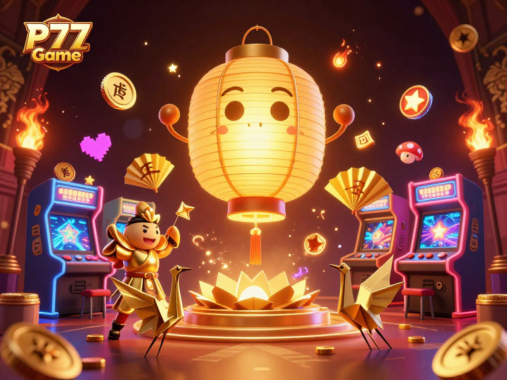 Engage with the P77 Game through a vibrant 3D casino illustration featuring dynamic characters and captivating gaming elements.