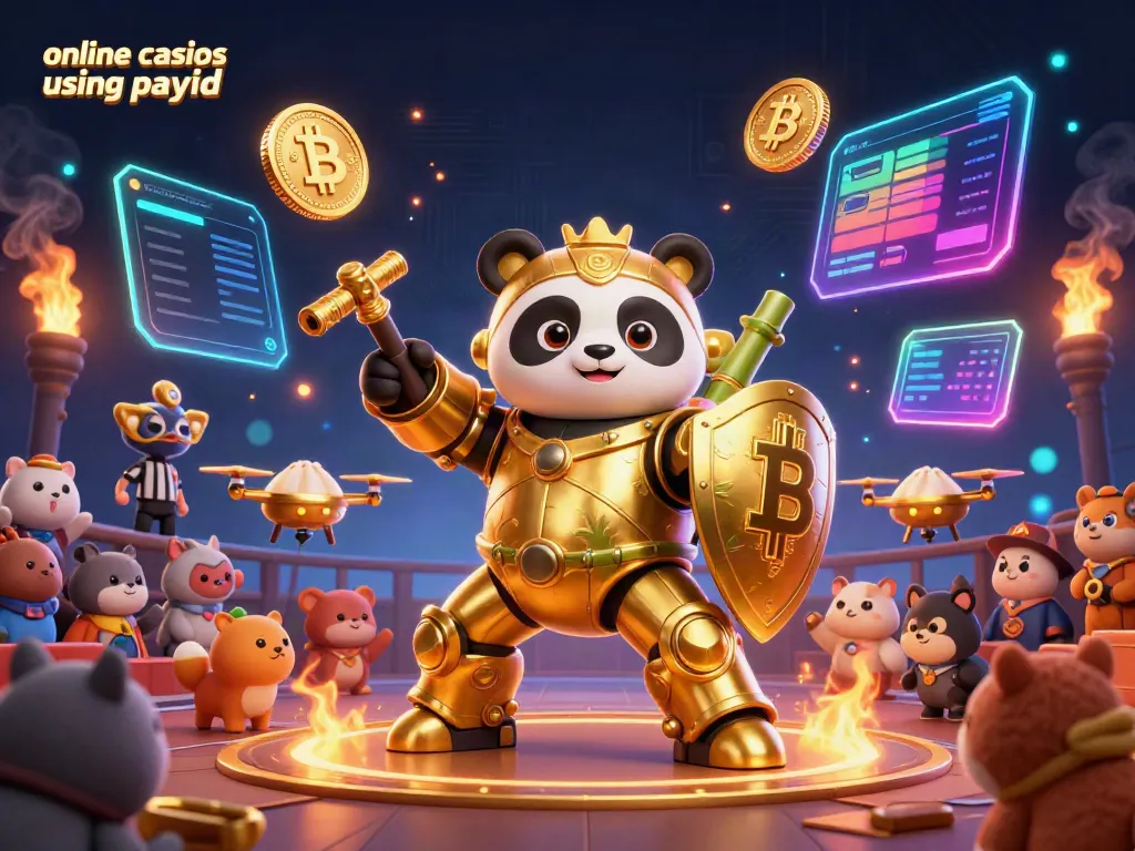 Experience the excitement of online casinos using payid with this vibrant 3D illustration of a golden panda combat robot.