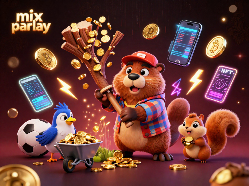 Place bets on mix parlay while a beaver character collects gold coins in a vibrant scene.