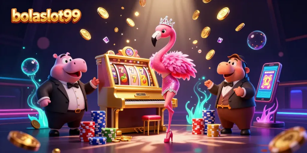 Experience thrill with bolaslot99 as a colorful casino scene bursts with action and vibrant energy.