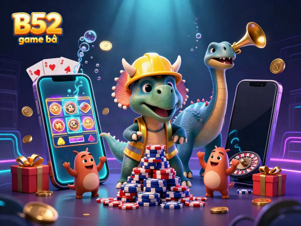 B52 game bài illustration featuring a cheerful triceratops building poker chips, surrounded by slot games and bursting golden coins.