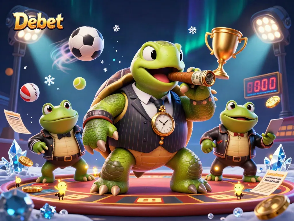 Bet big with Debet in this vibrant casino scene featuring a snapping turtle and enforcers.