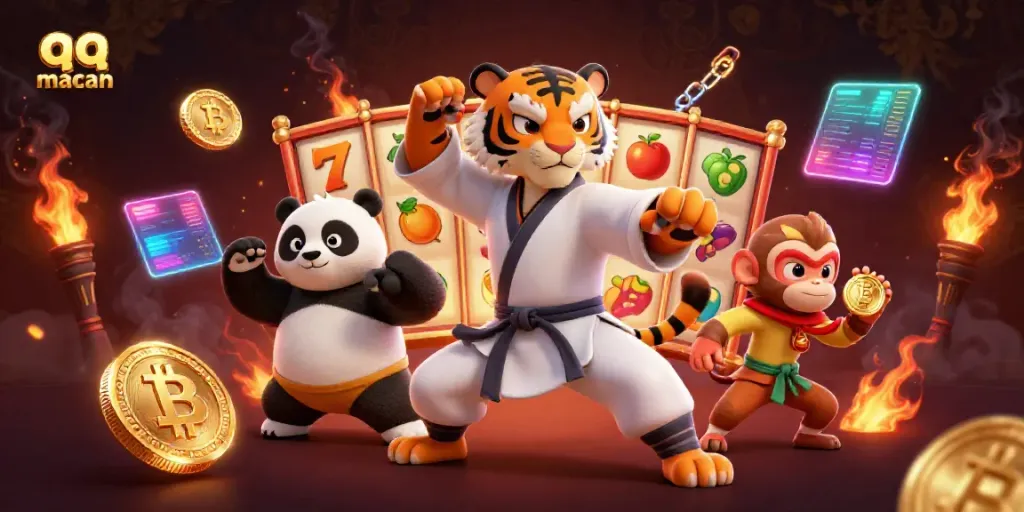 Engage in the thrilling experience of qq macan with a lively illustration of tiger master, panda disciple, and monkey student amid casino elements.