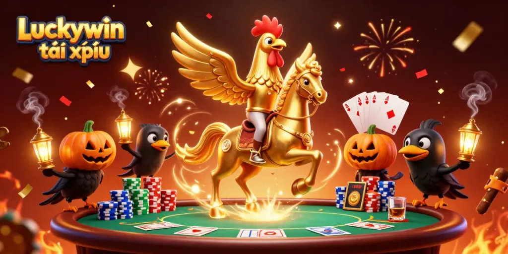 Experience the thrill of Luckywin tài xỉu with golden rooster heroes in this vibrant casino scene.