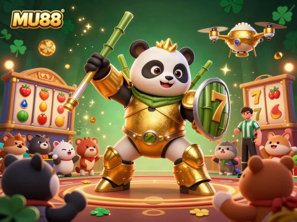 Engage in thrilling gameplay with MU88's vibrant slot reels and a golden panda mech, capturing the casino excitement.