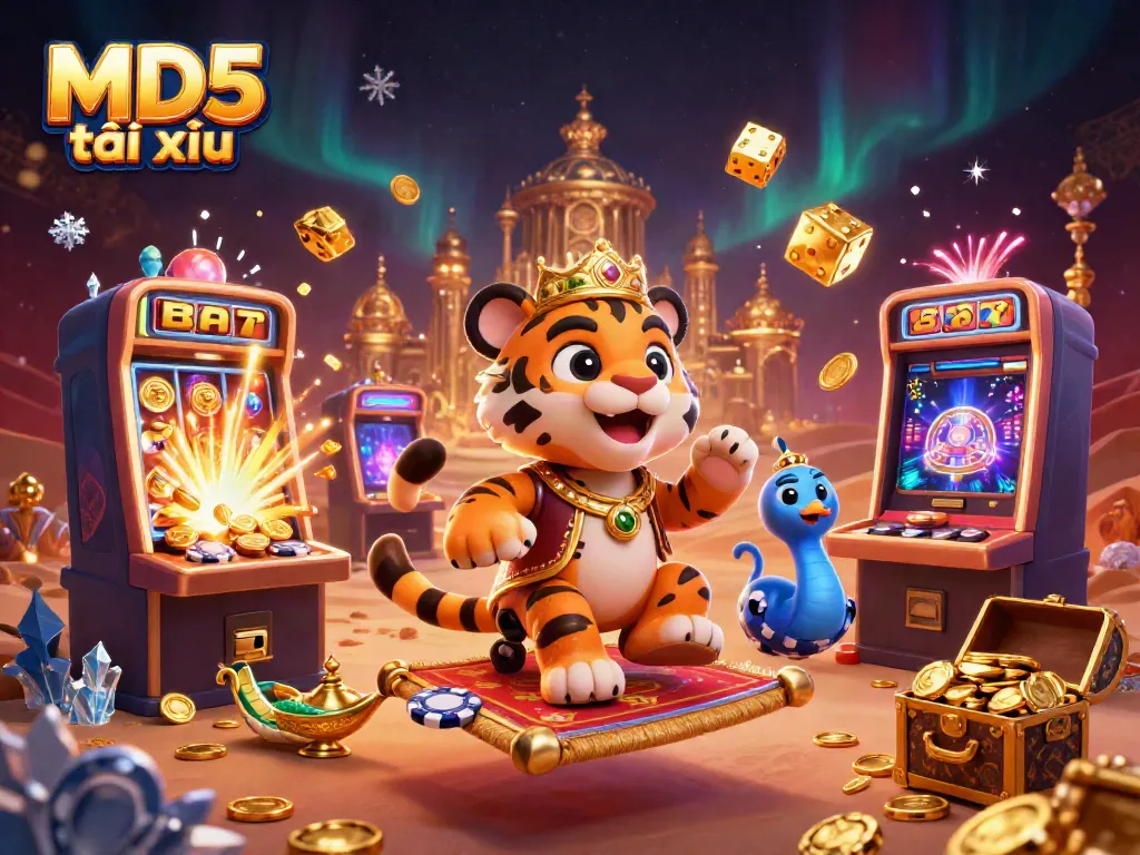 Experience the thrill of MD5 tài xỉu with a vibrant 3D casino illustration featuring an enchanting tiger sultan and sparkling gaming elements.