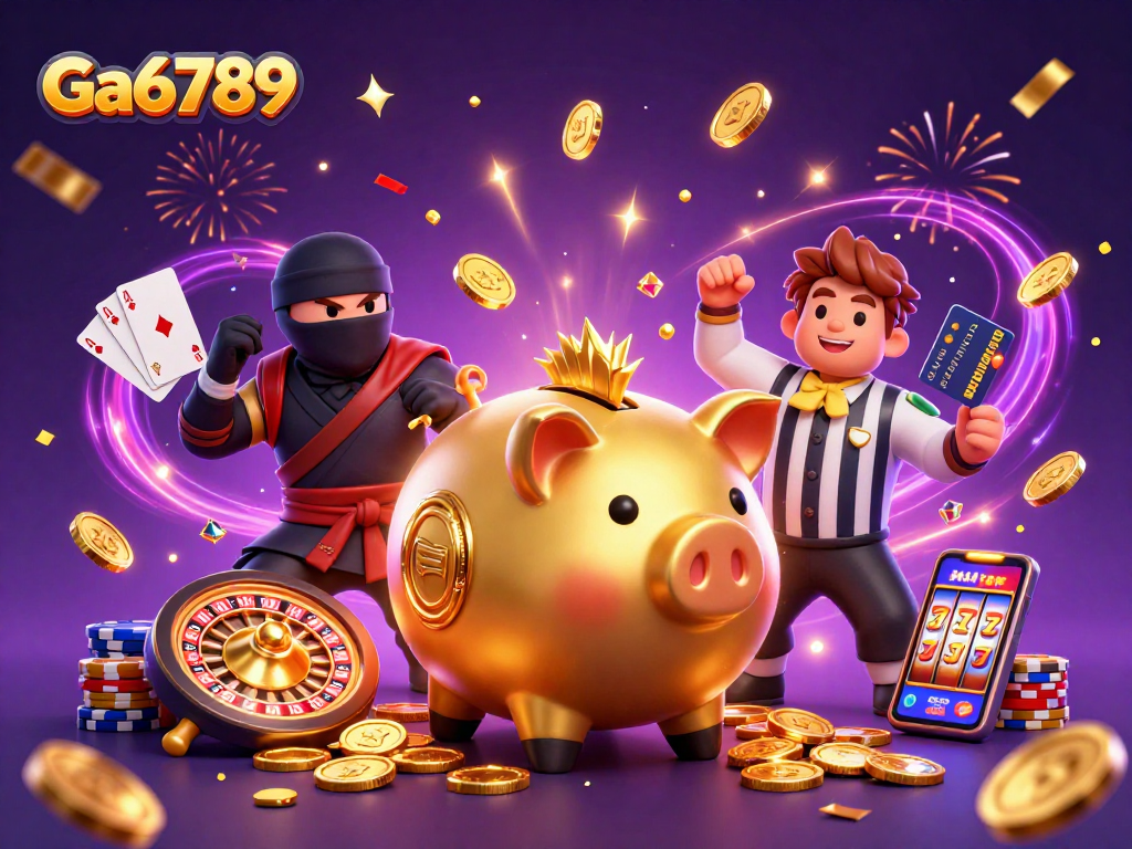 Experience the excitement of Ga6789 with a golden piggy bank sumo wrestler and vibrant casino elements.