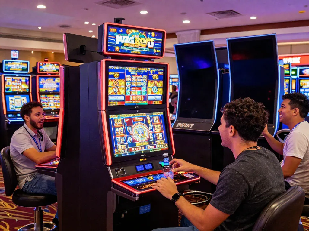 Engaging Slot MAHJONGJP88 gaming experience with players celebrating wins surrounded by bright lights.