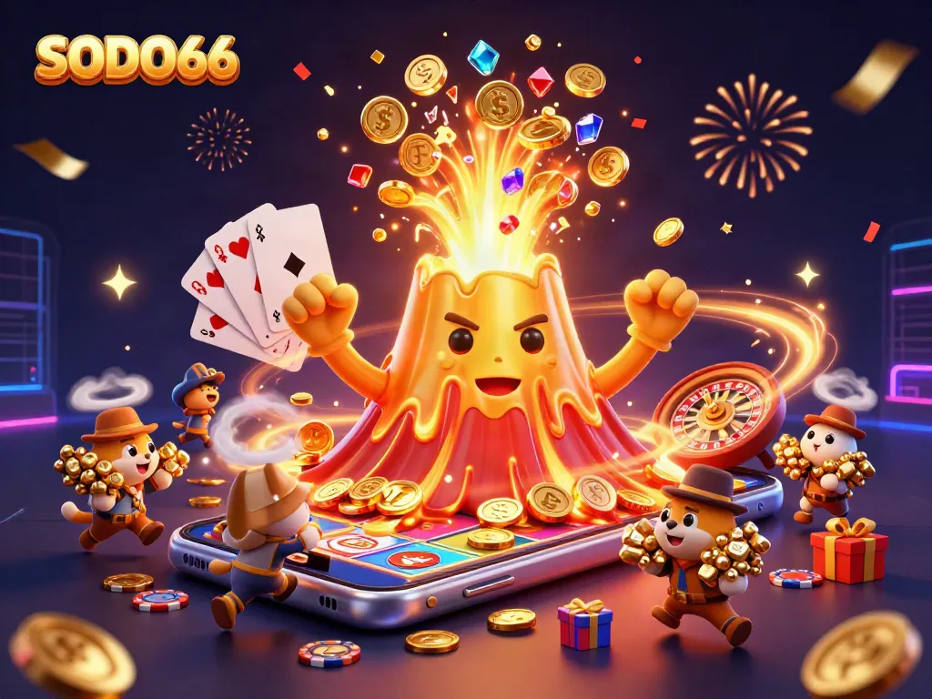SODO66 celebrates winning moments with a golden volcano erupting treasures in a vibrant casino scene.