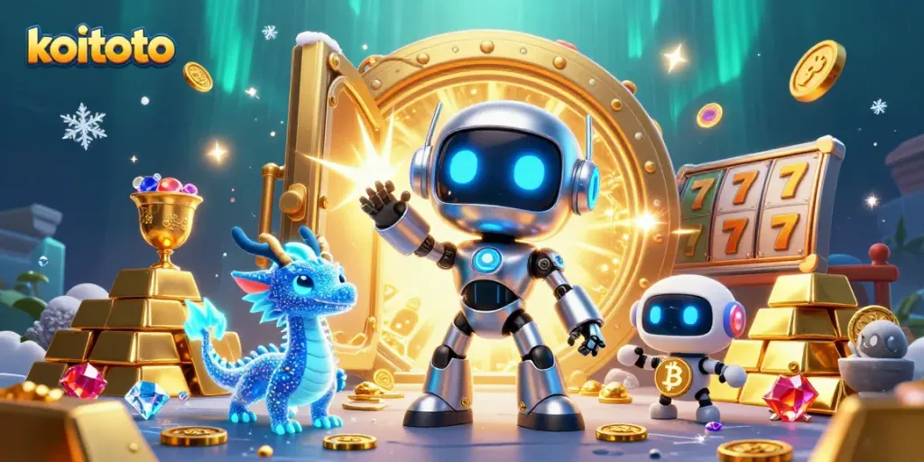 Engage with koitoto gaming through an energetic scene featuring a cyberpunk robot mascot and slot elements.