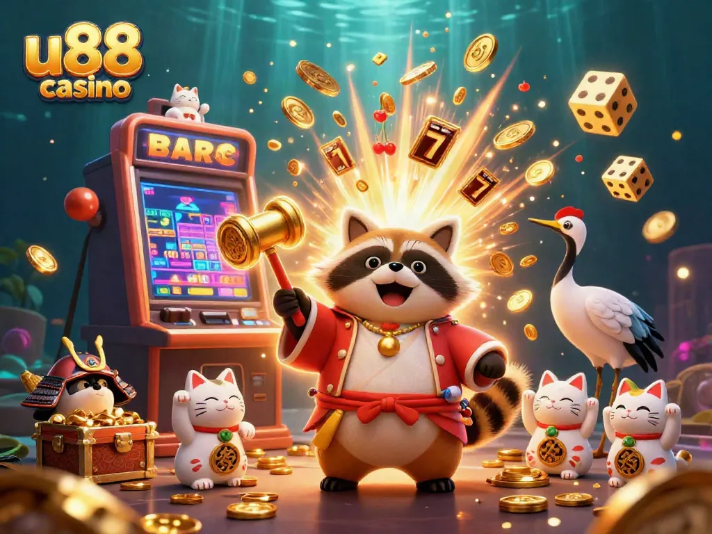 Exciting u88 casino scene featuring cheerful tanuki celebrating wins with vibrant slot machines and treasures.