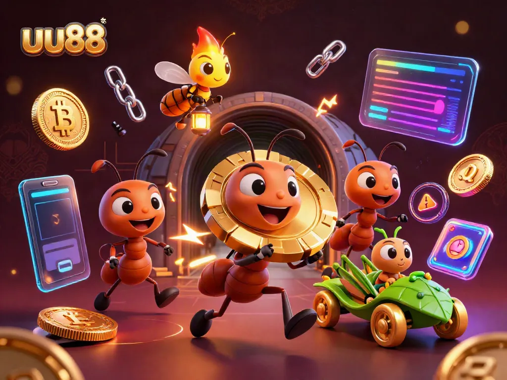 Experience the excitement of uu88 gambling with ants in a golden poker heist amidst vibrant crypto elements.