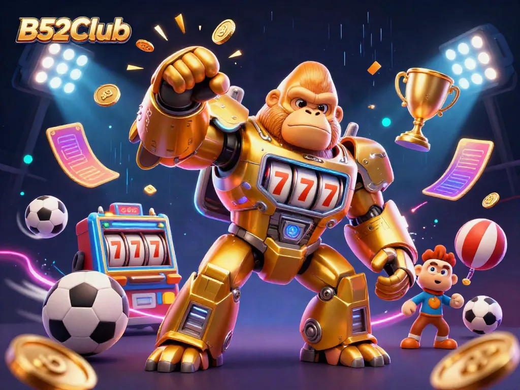 B52Club offers an exciting atmosphere with its dynamic 3D illustration featuring a golden gorilla mech and sports elements.