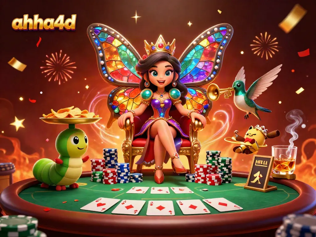 Engage with the thrill of ahha4d, showcasing a vibrant 3D illustration of a butterfly queen and gaming elements in celebration.