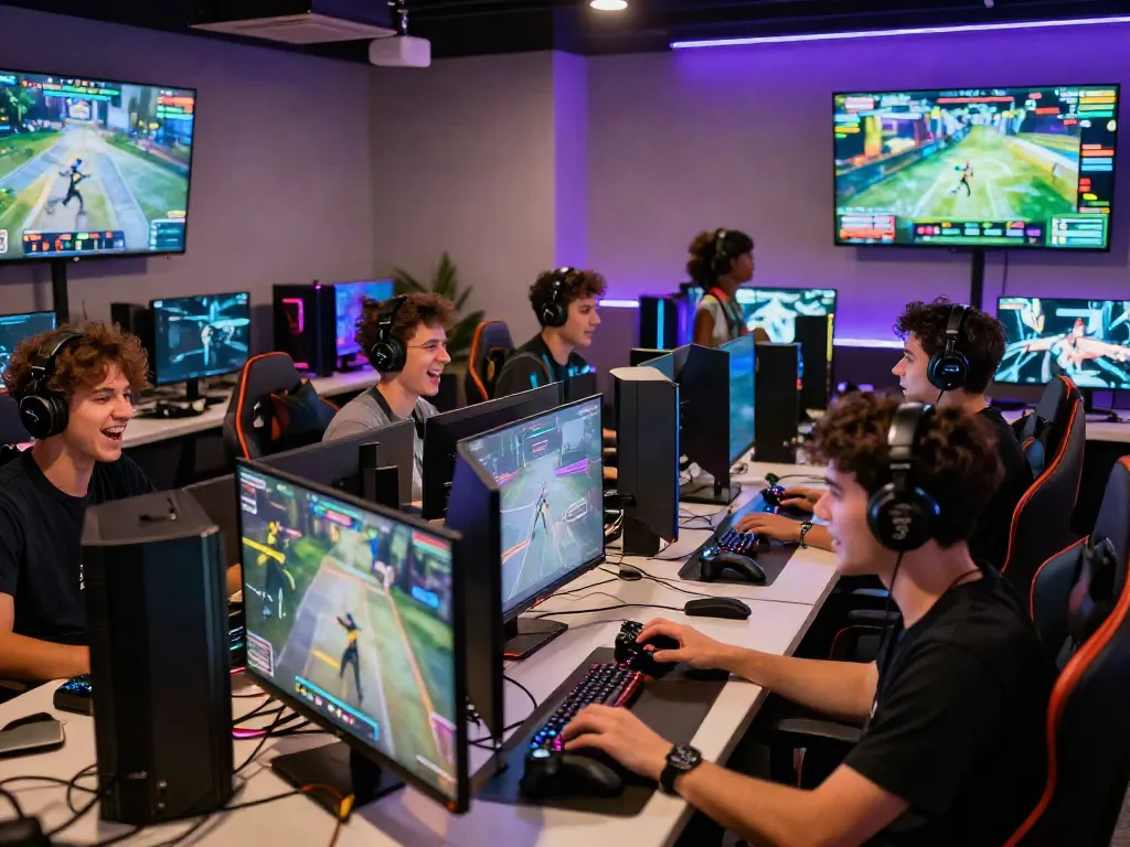 Dynamic gaming lounge with players enjoying qqmacan on high-tech setups, vibrant atmosphere.