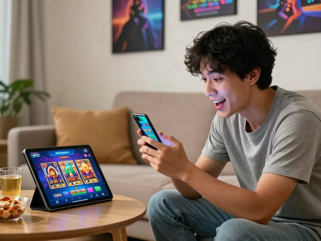Pengguna menikmati permainan slot di aplikasi martoto dengan suasana nyaman di ruang tamu.