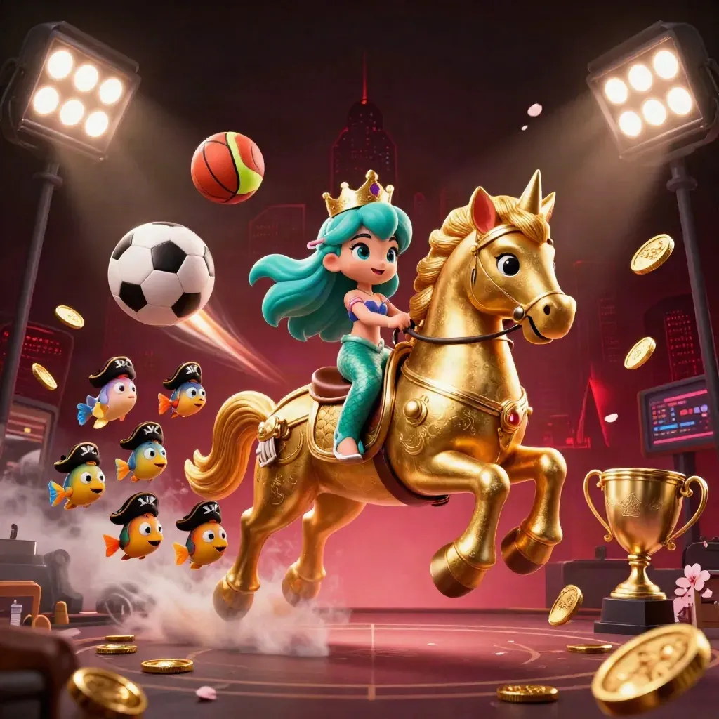 Mermaid princess rides a golden seahorse as sports balls and coins burst through dark red light