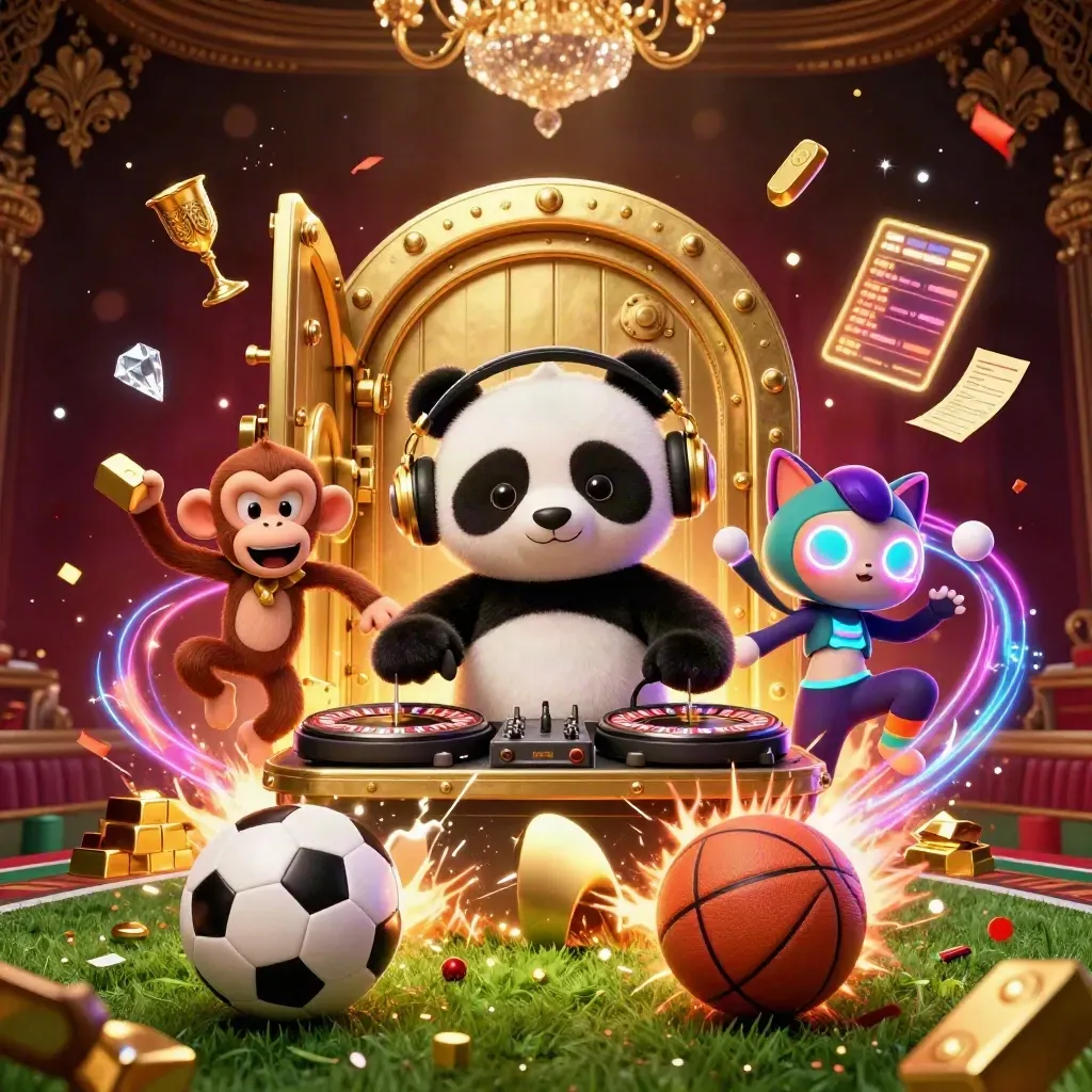 Panda DJ, breakdancing monkey and glow-stick kitten amid treasure, balls and casino spark effects.