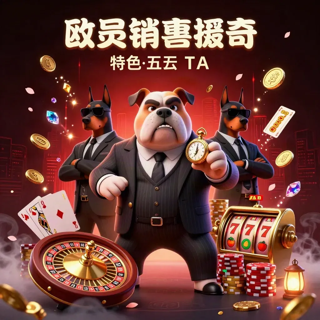 Cartoon bulldog boss with Doberman guards amid gold coins, roulette wheel, chips, cards, and ruby glow.