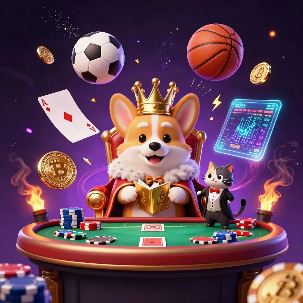 Royal corgi on chip throne with cat butler, crypto coins, soccer ball and basketball in neon casino burst