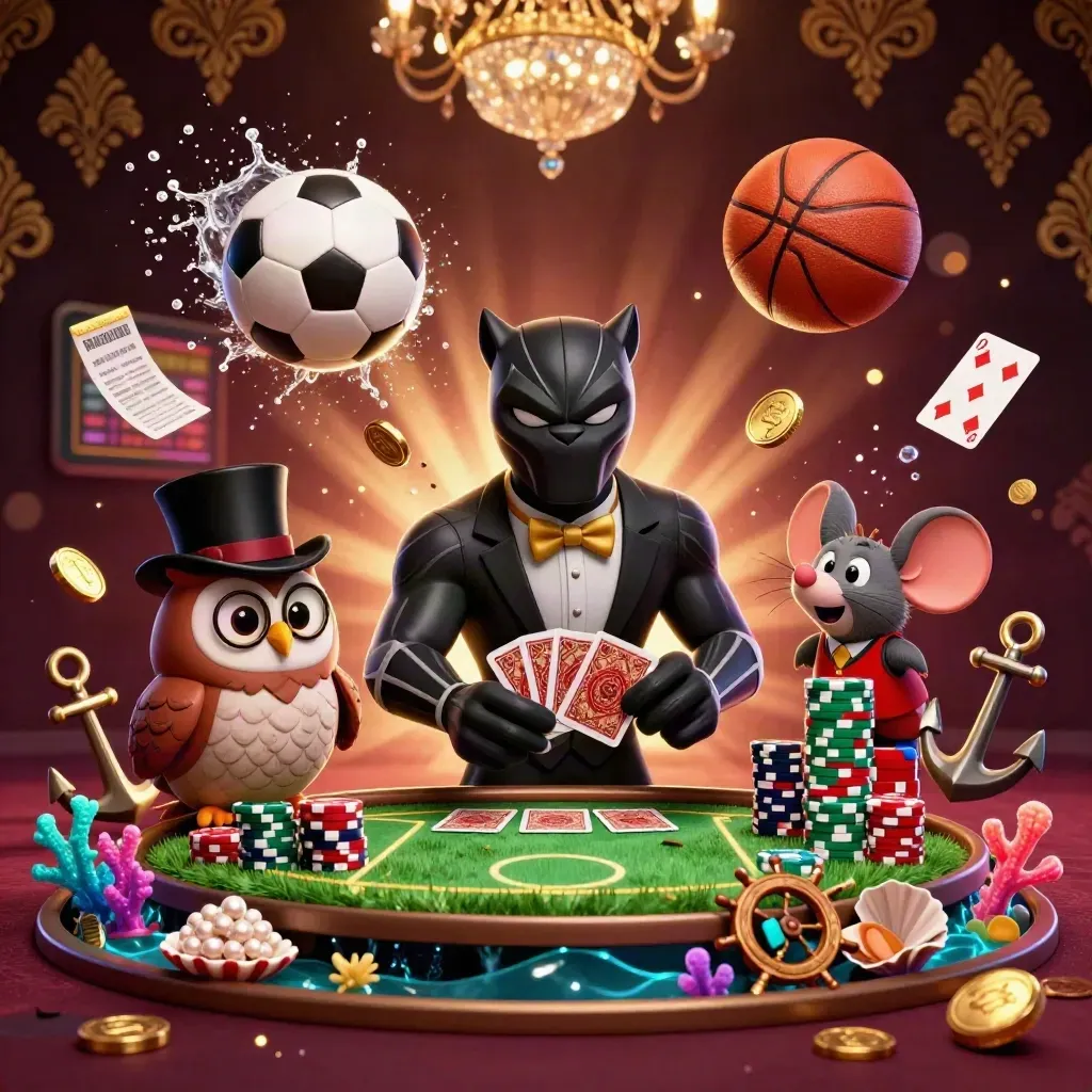Panther, owl and mouse in tuxedo amid gold coins, soccer ball, basketball and treasure cove glow.
