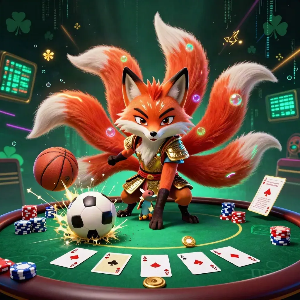 Neon fox spirit and golden samurai mouse amid poker chips, sports balls, and gold light.