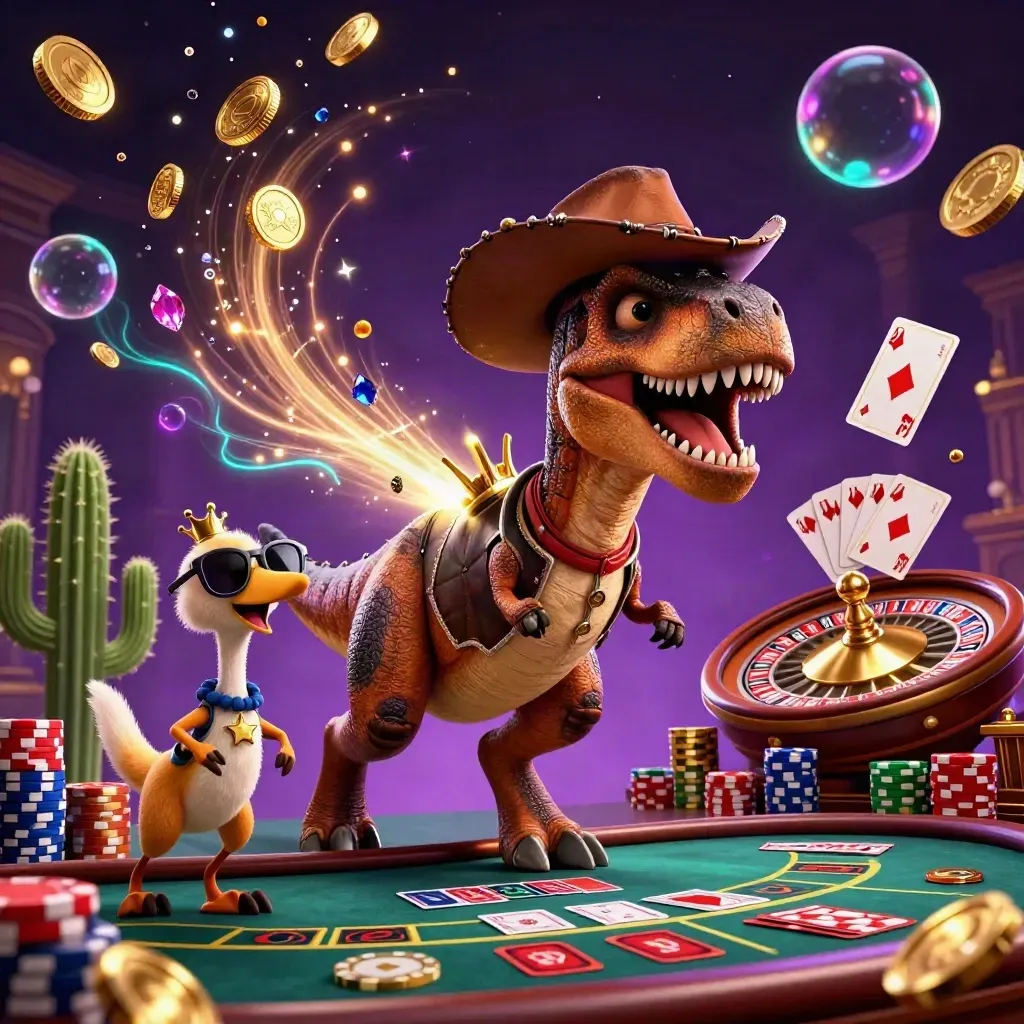 T-Rex cowboy, cactus sidekick, and roadrunner amid casino lights, coins, cards, and chips