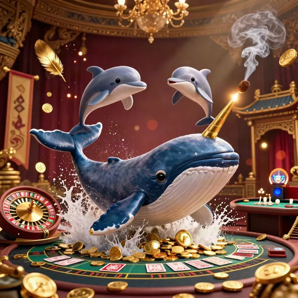 Cartoon whale, narwhal, and dolphins in a luxe casino scene with coins, banners, and golden light.