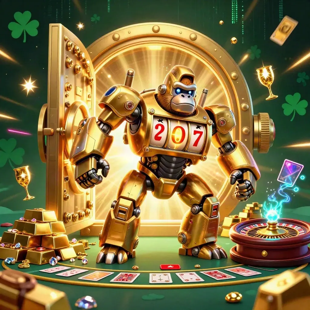 Golden gorilla mech and monkey pilot in a vault room with gold, gems, roulette and glowing tables.