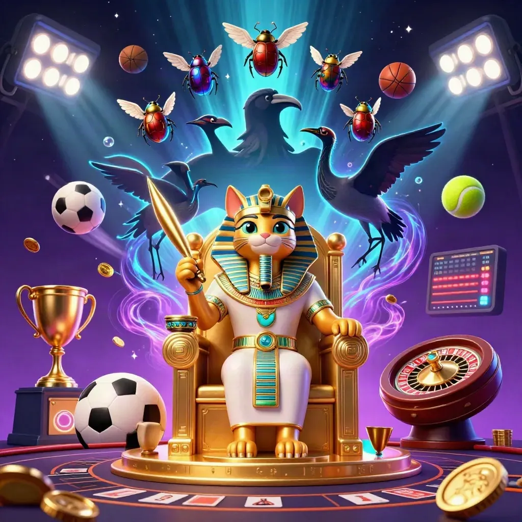 Pharaoh cat on throne with ibis scribe, gem scarabs, sports balls, trophy, roulette, glowing casino lights