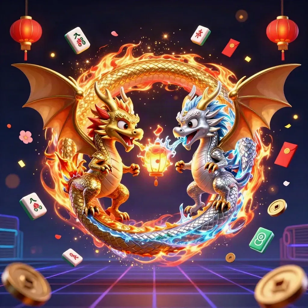 Twin gold and silver dragons spiral amid treasure bursts, lanterns, jade coins, and storm light.