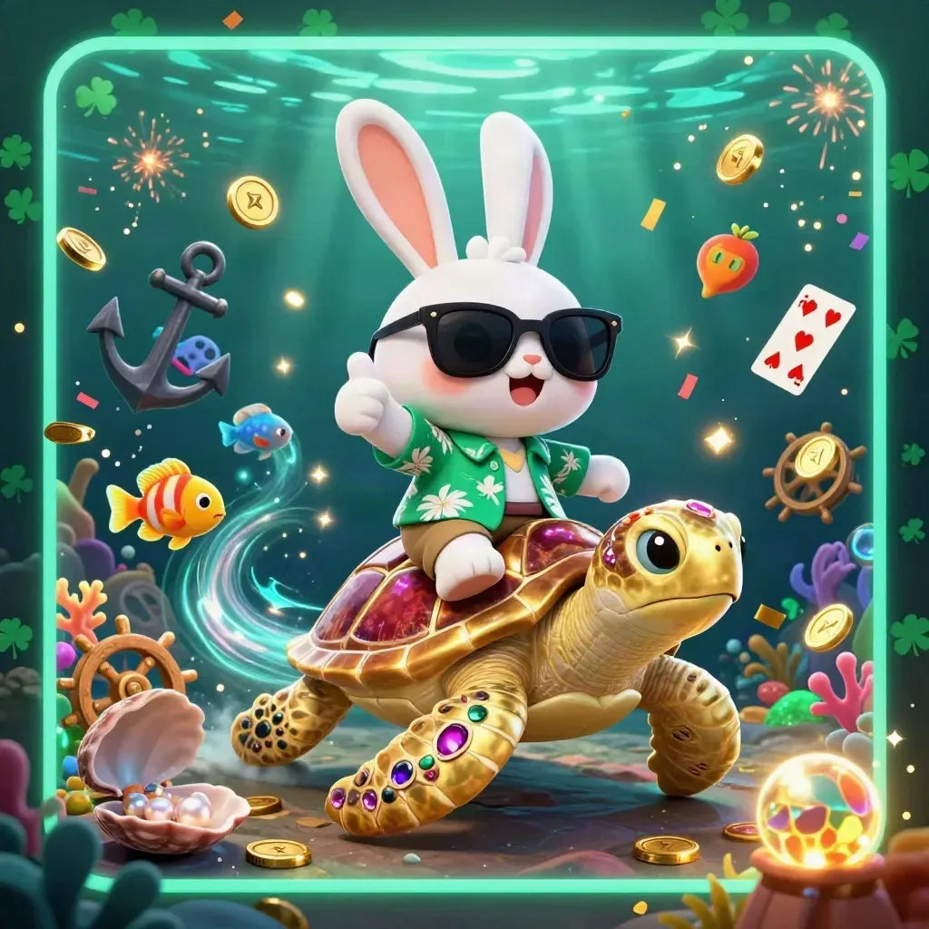 Rabbit on golden sea turtle in a treasure cove, coins, coral, cards, confetti, teal glow