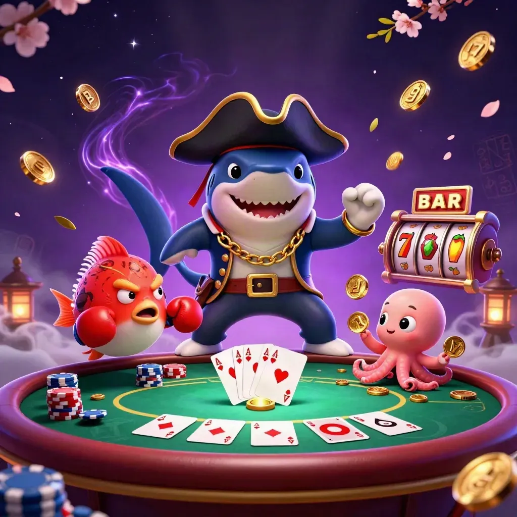 Pirate shark, boxing pufferfish and coin-juggling octopus amid casino treasure bursts and teal magic.